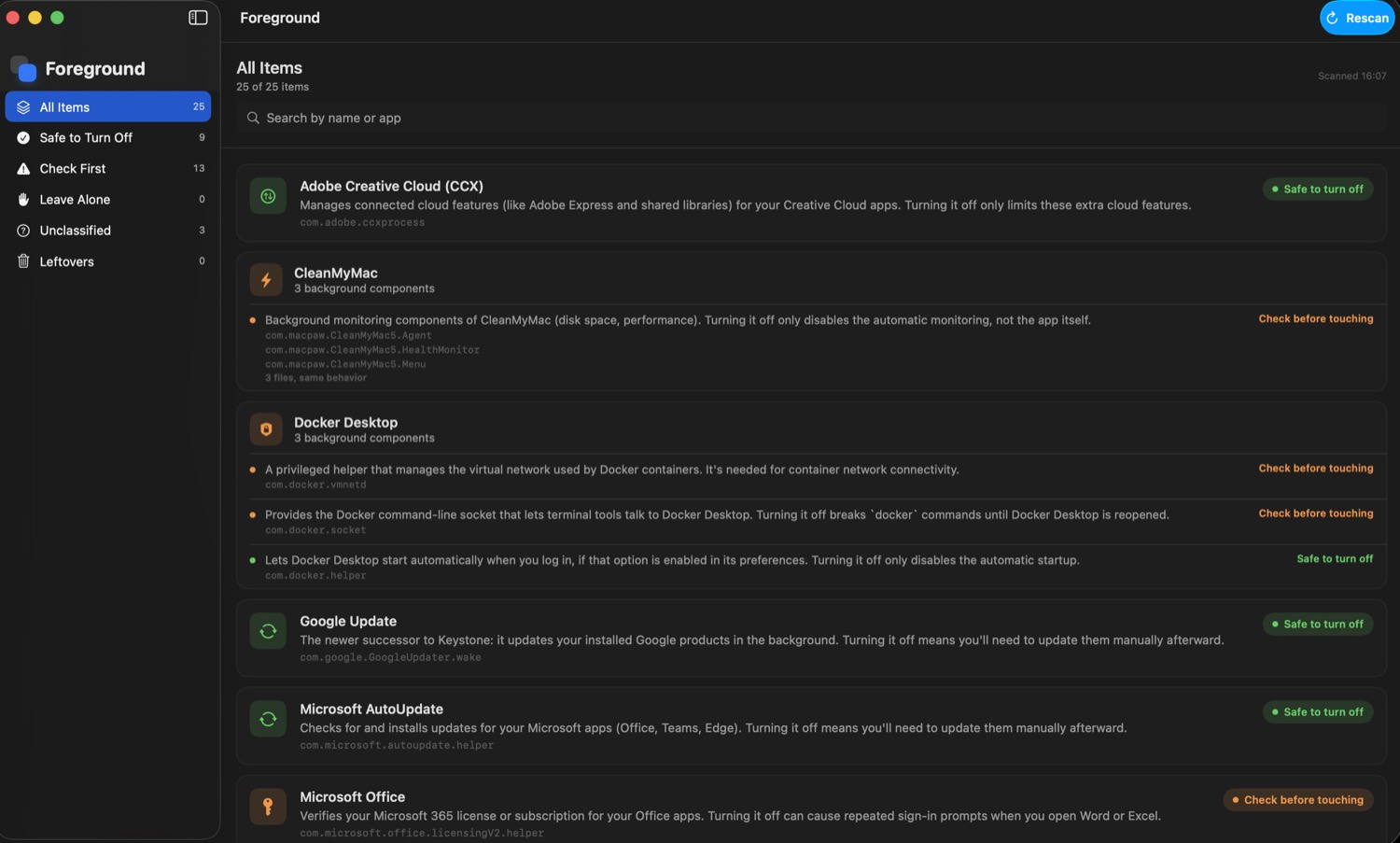 Foreground app window showing a list of background items, each with a plain-English explanation and a safety badge